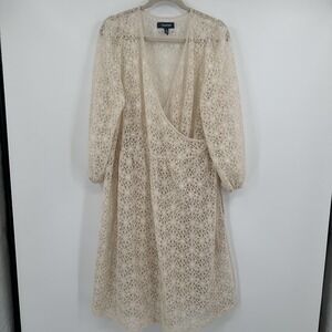 ModCloth Dress Womens 1X Cream Lace Wrap Long‎ Sleeve Surplice Floral Sheer Midi